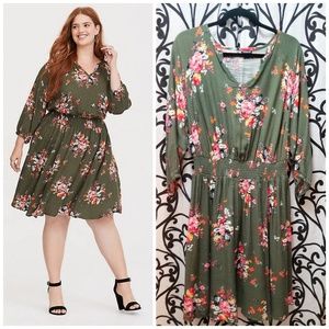 TORRID Plus Green Olive Floral Skater Dress